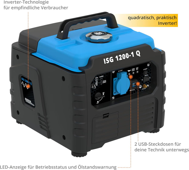 Güde Inverter Stromerzeuger ISG 1200-1 Q (4-Takt Motor, Benzin, 1,3/1,76 (kW/PS), 1x 230V, 2x USB, m