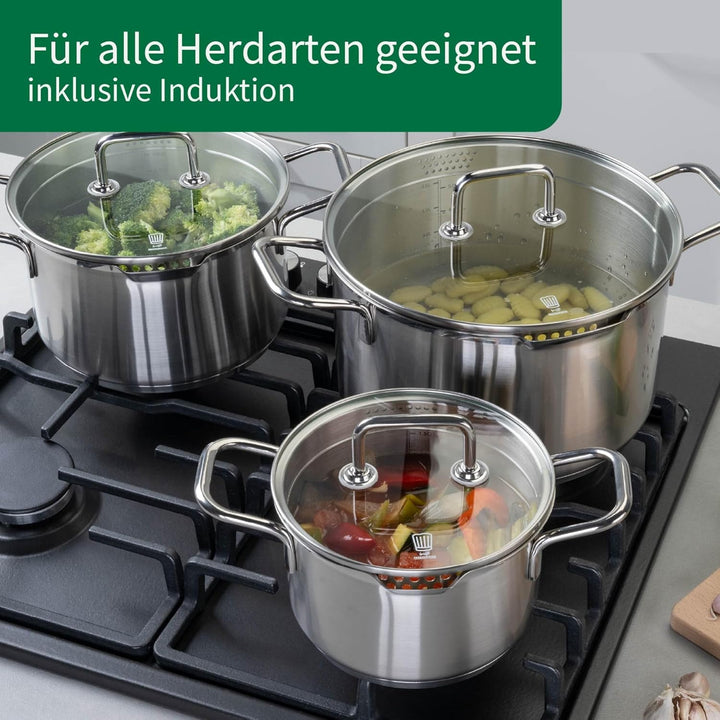 Chefkoch trifft Fackelmann Kochtopf-Set mit Glasdeckel Ø16, 20, 24cm – Aus Premium Edelstahl mit Alu