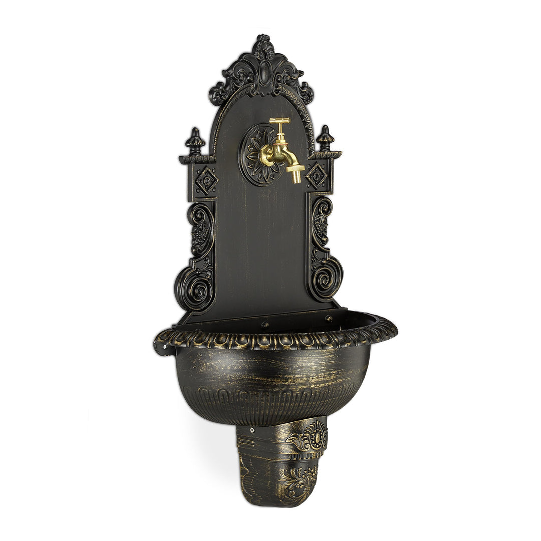Relaxdays XL Wandbrunnen antik, mit Wasserhahn, nostalgisch, Waschbecken Garten, Aluguss, HBT 75 x 4
