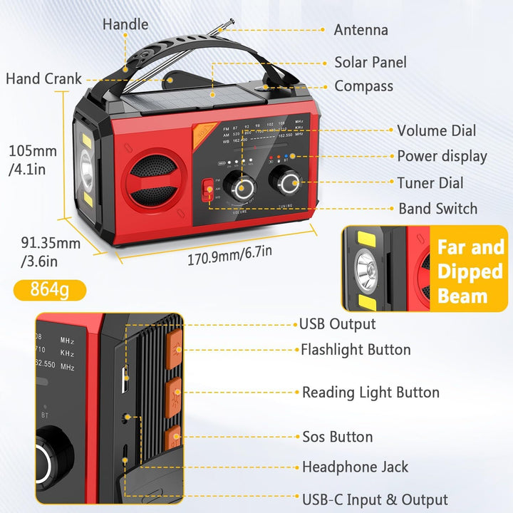 27000mAh Notfallradio mit Kurbel,Solar,Batterie und USB Betriebene,Tragbar AM/FM Wetter Radio mit Bl