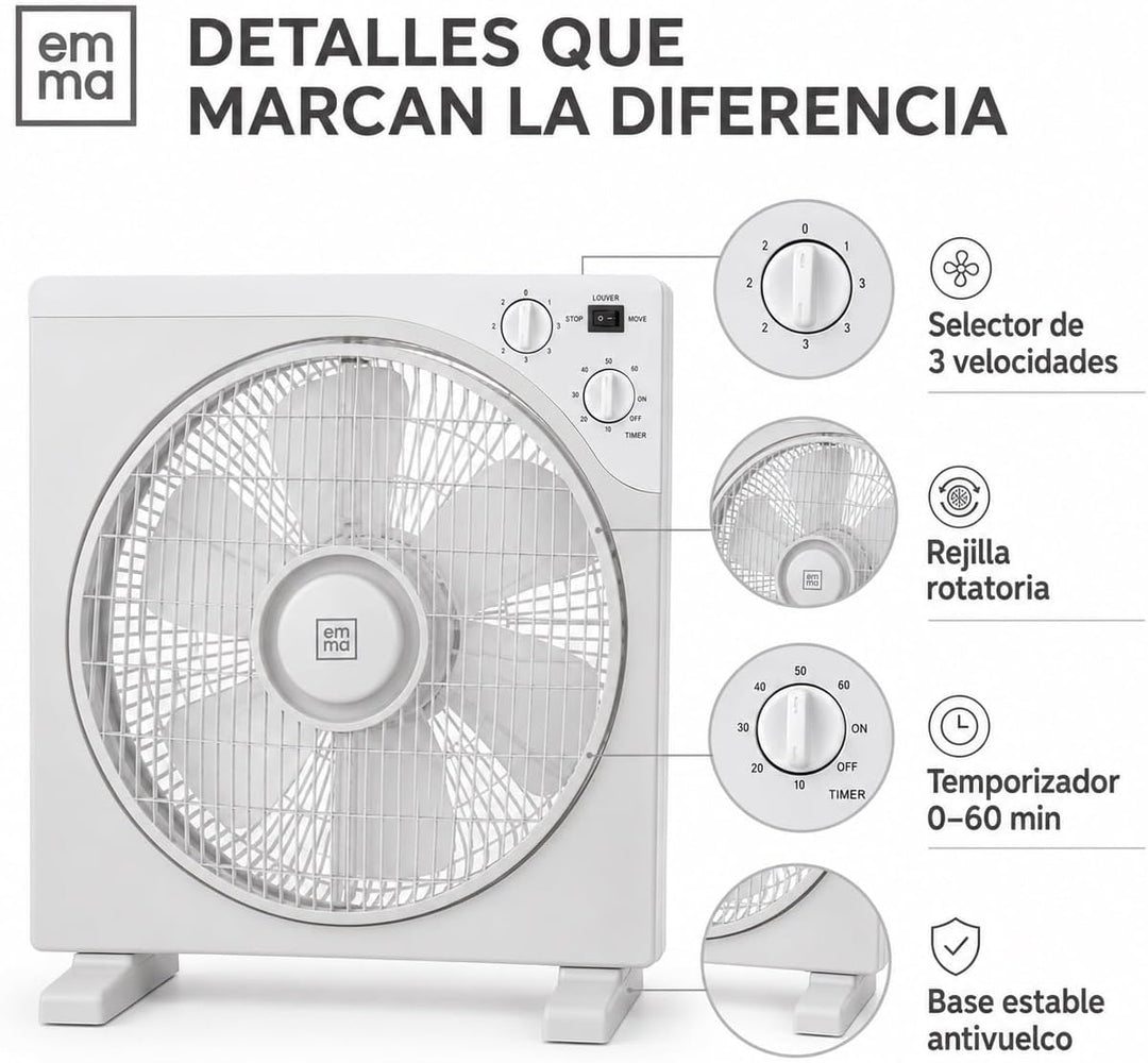 Quadratischer Tischventilator, 45 W, 33 cm, 3 Geschwindigkeiten, Rotationsgitter, Timer 60 min, Kipp