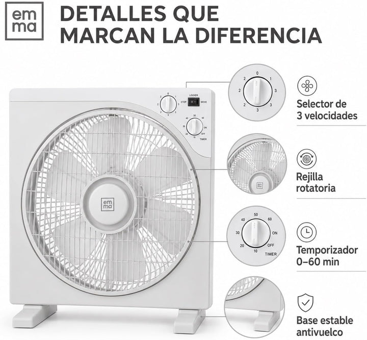 Quadratischer Tischventilator, 45 W, 33 cm, 3 Geschwindigkeiten, Rotationsgitter, Timer 60 min, Kipp