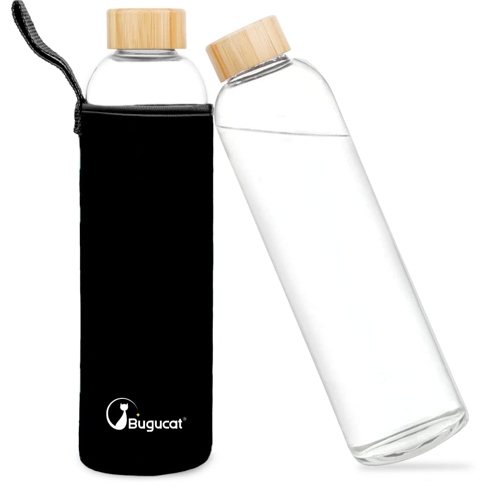 Bugucat Trinkflasche Glas 1L,wasserflasche glas mit Schutzhülle, Glasflasche Wasserflasche aus Boros