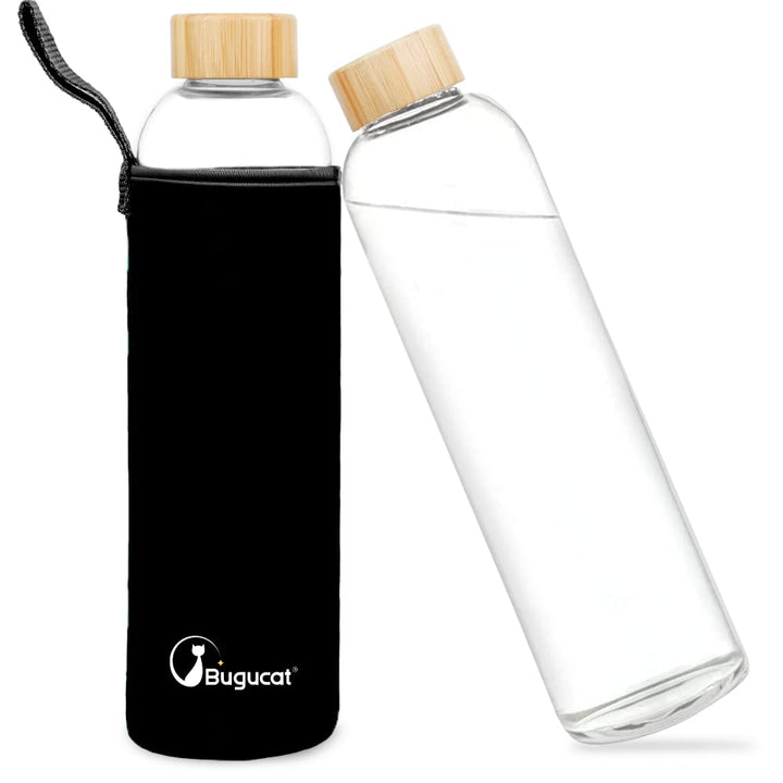 Bugucat Trinkflasche Glas 1L,wasserflasche glas mit Schutzhülle, Glasflasche Wasserflasche aus Boros