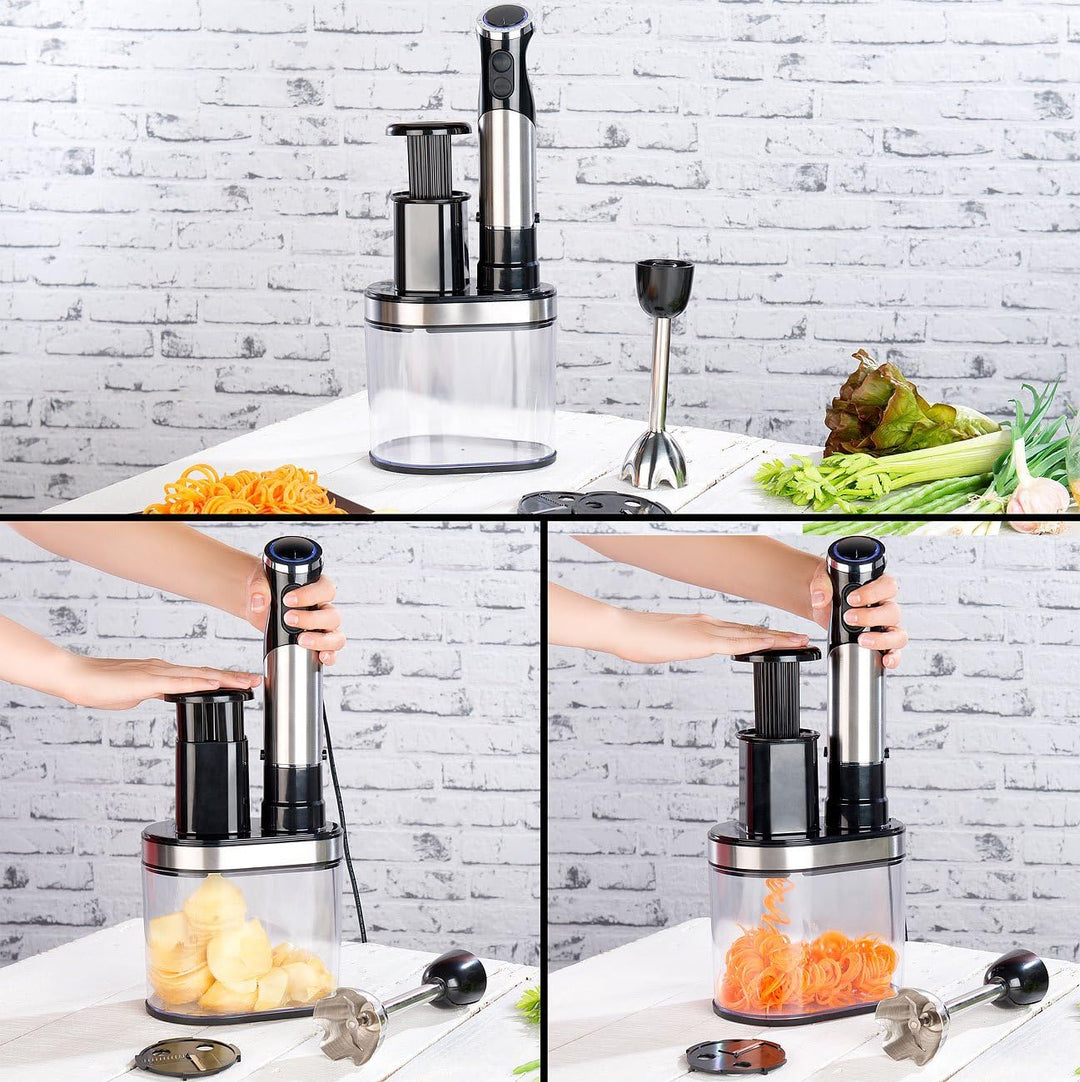 Rosenstein & Söhne Mixstab: Elektrischer 2in1-Stabmixer und Spiralschneider, 400 Watt, Edelstahl (Kü