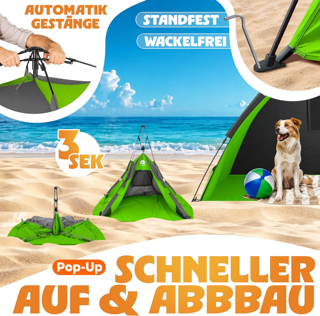 ELONEO Pop Up Strandmuschel UV Schutz 80+ | Strandzelt 190x100x110 cm | Leichter Aufbau und kleines