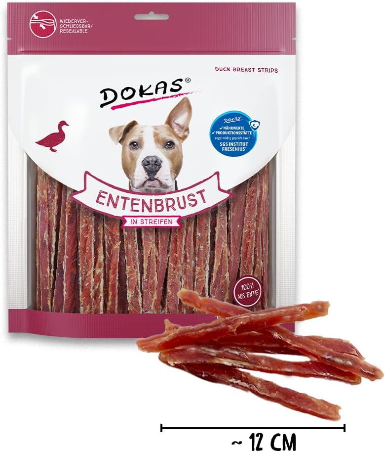 DOKAS Getreidefreier Premium Snack in Streifen für Hunde – Aus Entenbrustfilet, 500 g (6er Pack) Sin
