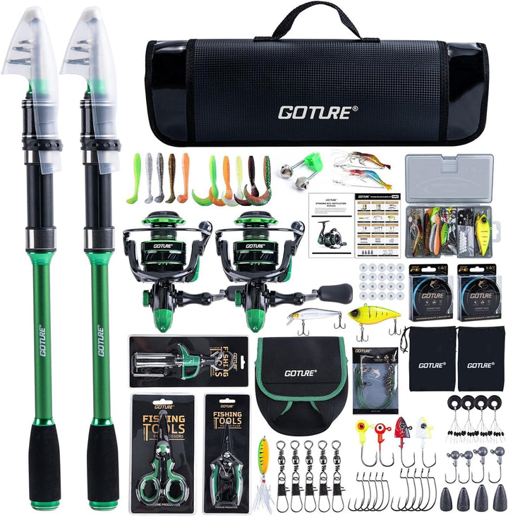 Goture Angelset Komplett (24T Carbon), 2 Teleskop-Brandungsrute aus Kohlefaser & Spinnrolle mit 9+1