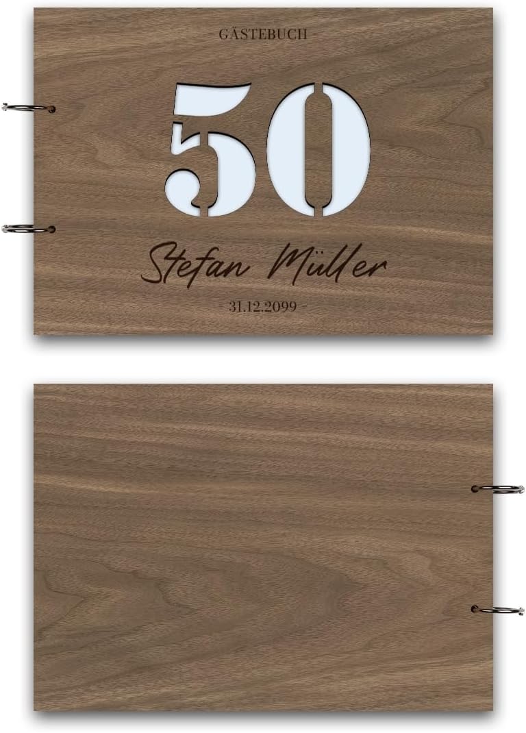 Individuelles Gästebuch zum 50. Geburtstag – Echtes Holz mit Persönlicher Gravur, Zahl ausgestanzt –