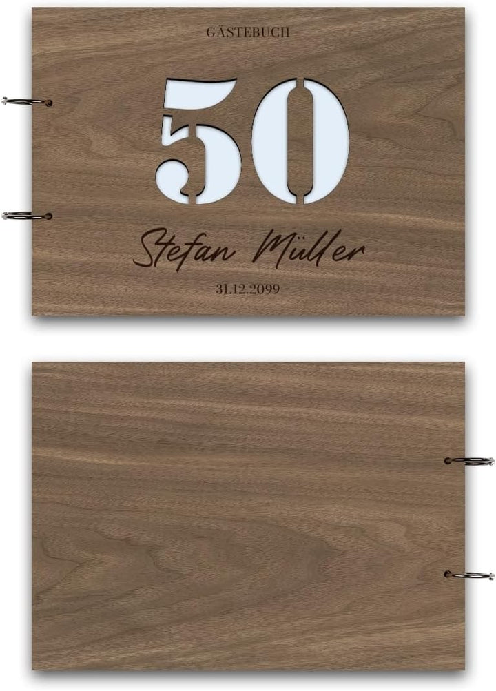 Individuelles Gästebuch zum 50. Geburtstag – Echtes Holz mit Persönlicher Gravur, Zahl ausgestanzt –