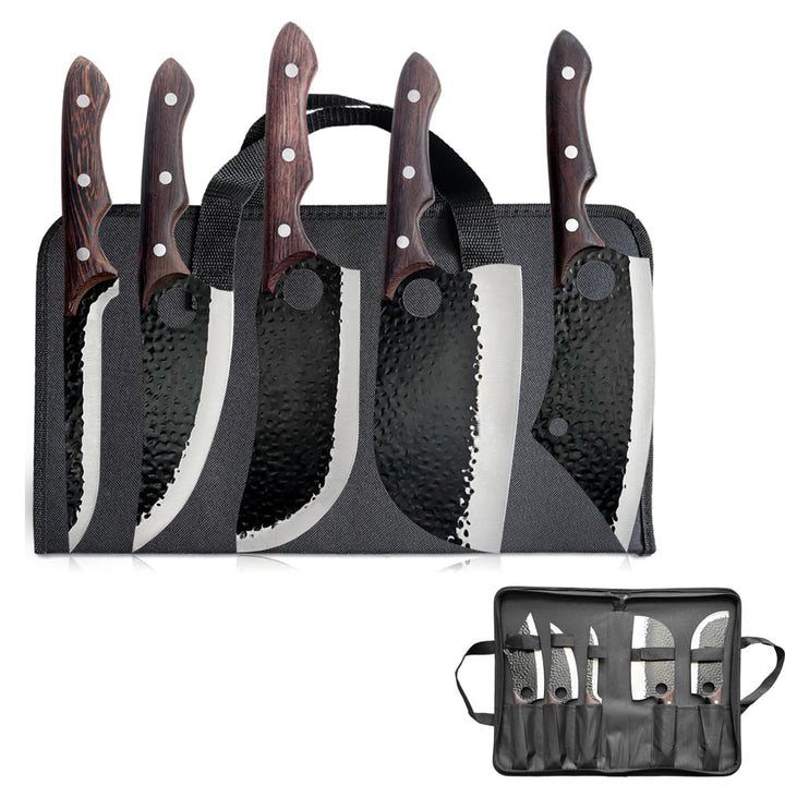5-Set Messerset Küchenmesser mit Ergonomischen Holz Griff, Scharfe Messer Set aus Hochwertigem Carbo
