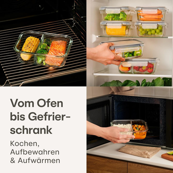 Praknu Meal Prep Boxen Glas 2 Fächer - 2er Set Glass Meal Prep Containers 1l - Luftdicht - Geeignet
