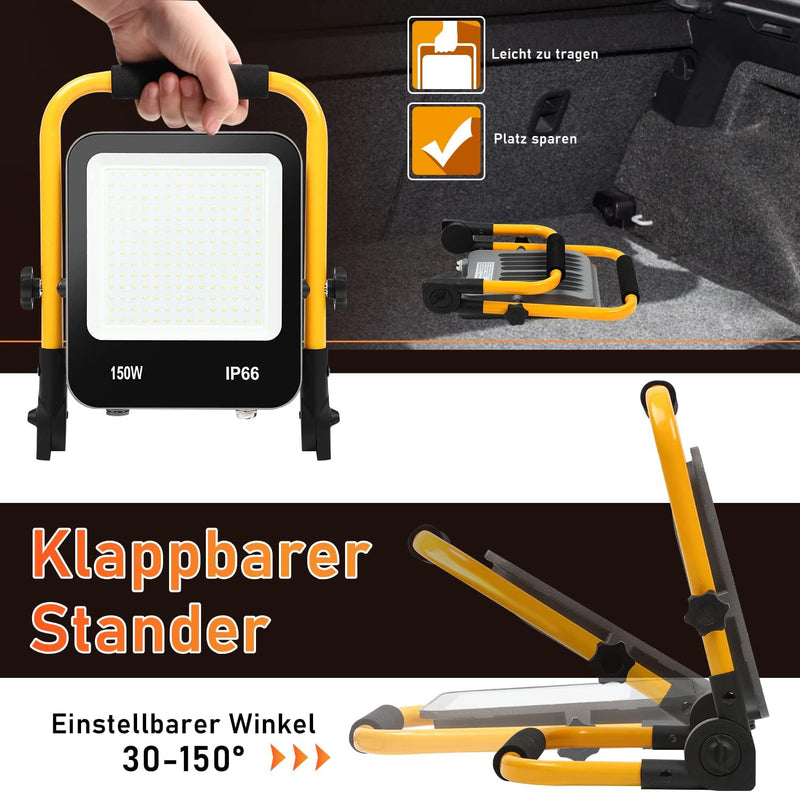 Ikodm LED Baustrahler Arbeitsleuchte, 2x150W Baustellen Strahler inkl. Faltbarer Standgestell und 3M