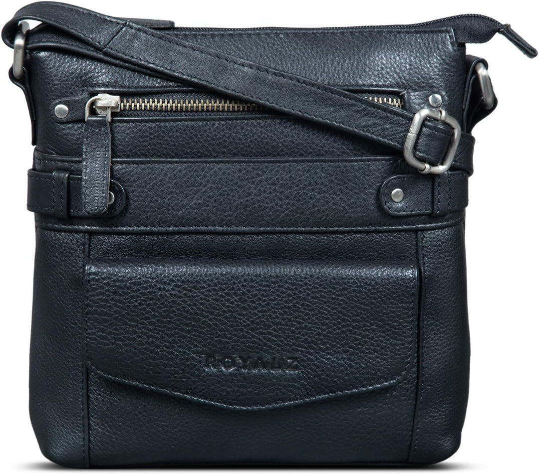 ROYALZ 'Madison' Vintage Handtasche Damen schwarz Umhängetasche klein kompakte Ledertasche, Schwarz
