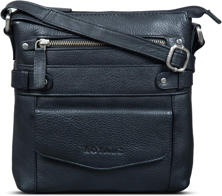 ROYALZ 'Madison' Vintage Handtasche Damen schwarz Umhängetasche klein kompakte Ledertasche, Schwarz