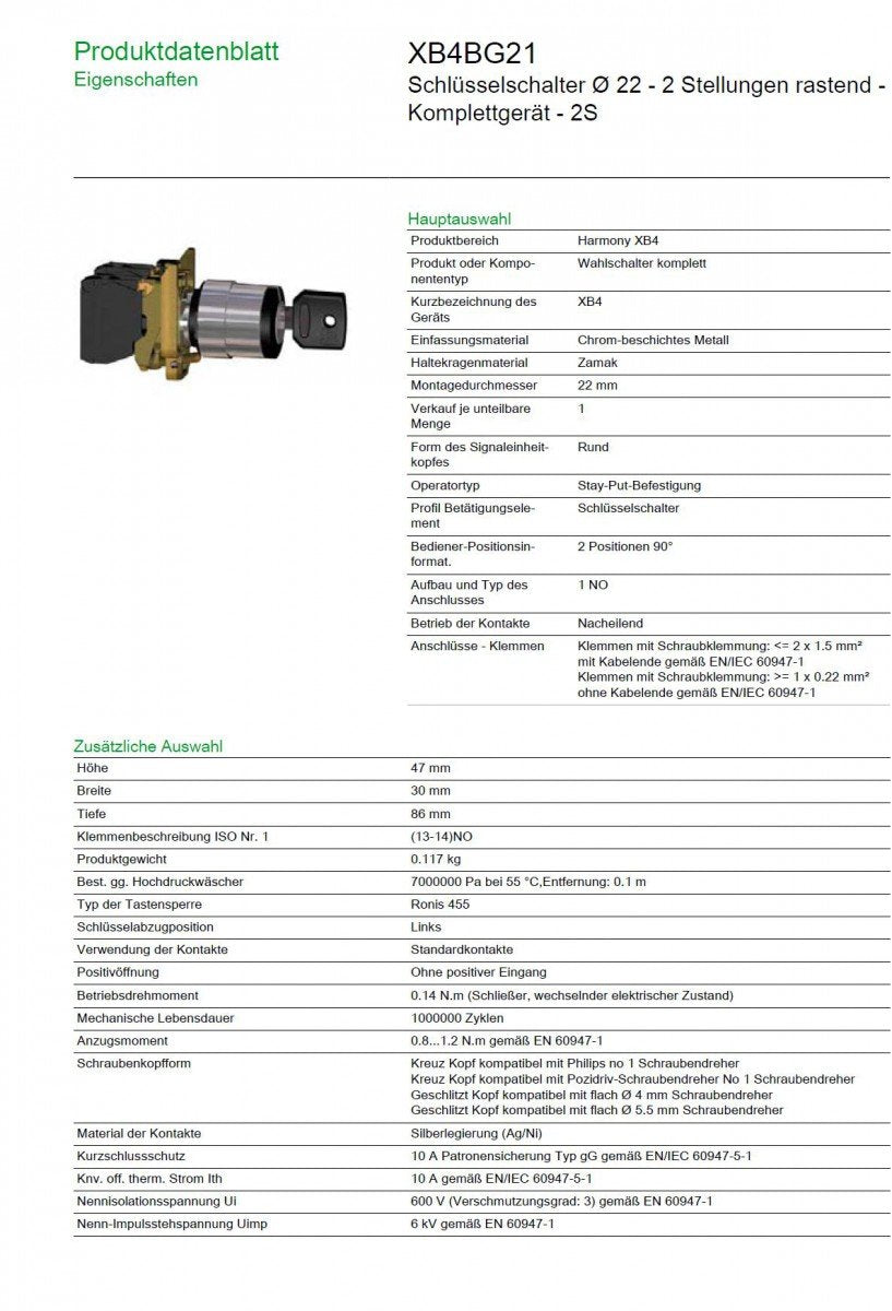 Schneider Electric | XB4BG21 - Schlüsselschalter, 2-Stellungen, 1S, rastend, Schloss 455, grün, 2-St