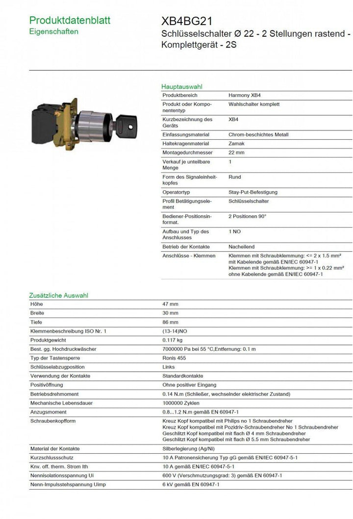 Schneider Electric | XB4BG21 - Schlüsselschalter, 2-Stellungen, 1S, rastend, Schloss 455, grün, 2-St