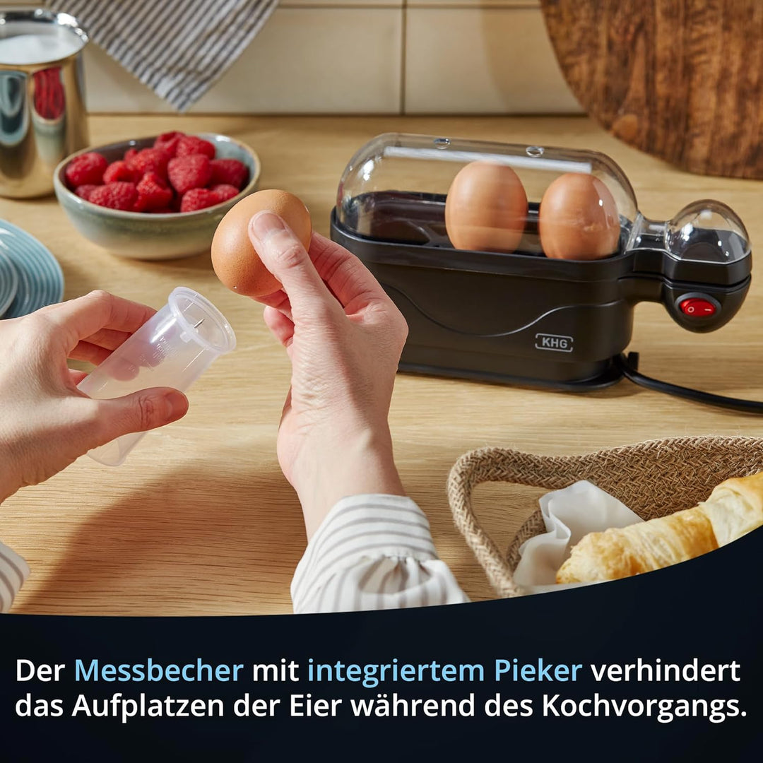 KHG Eierkocher | für 3 Eier, Aluminium Schwarz | mit Warmhaltefunktion im modernen Design sehr einfa