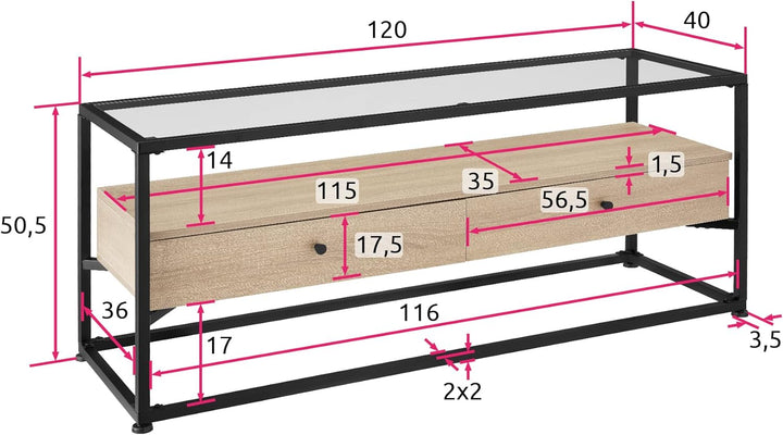 tectake® Lowboard mit 2 Schubladen und Ablagen, 121,5 x 41,5 x 50,5 cm, Fernsehtisch mit Glasplatte,