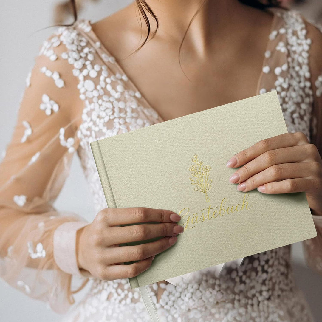 Hyggartn Gästebuch Beige – Leinen Hardcover Gästebuch mit Goldprägung, 100 Seiten Blanko – Dekorativ