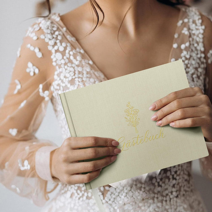 Hyggartn Gästebuch Beige – Leinen Hardcover Gästebuch mit Goldprägung, 100 Seiten Blanko – Dekorativ