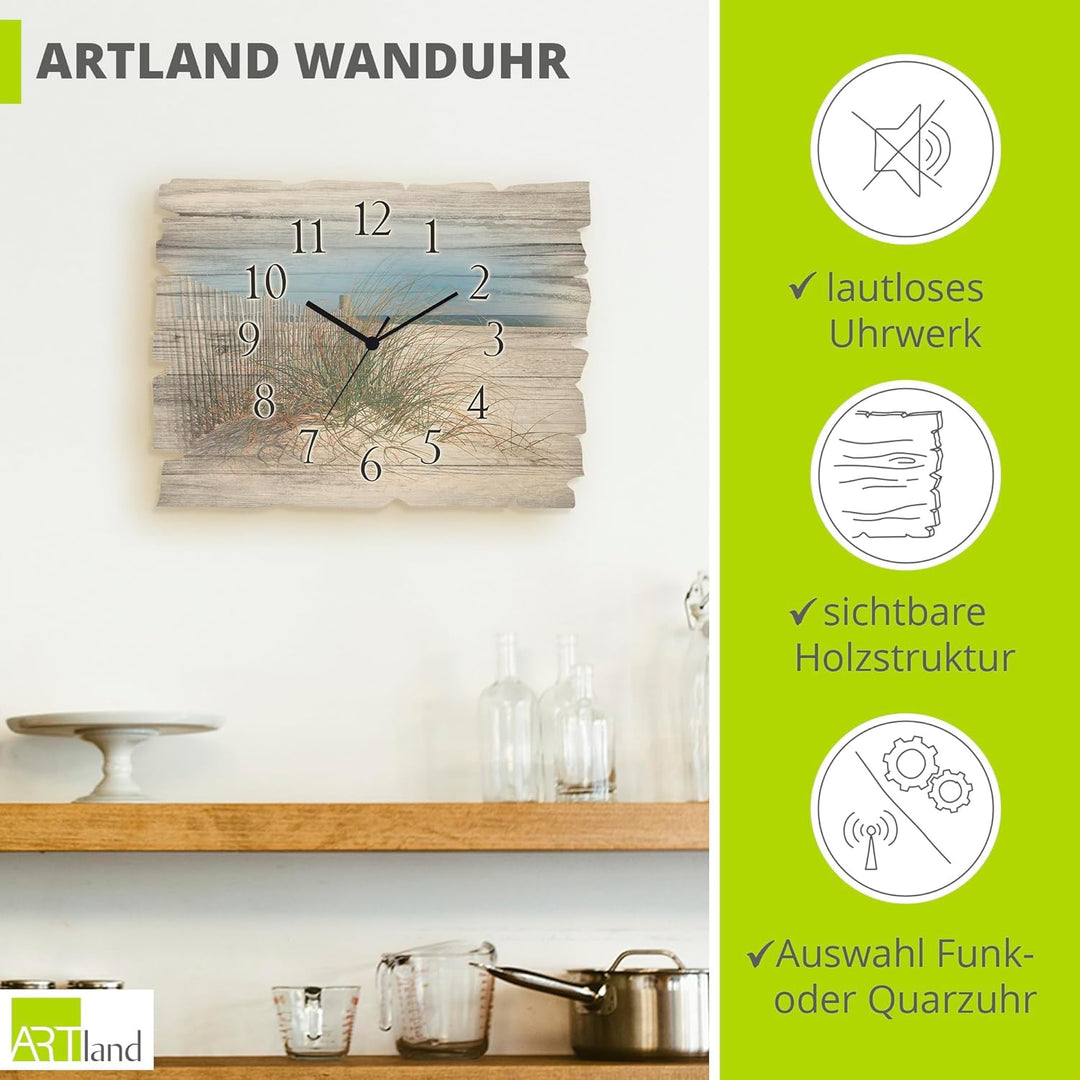 ARTLAND Wanduhr ohne Tickgeräusche aus Holz Funkuhr 40x30 cm Rechteckig Lautlos Strand Meer Düne Grä