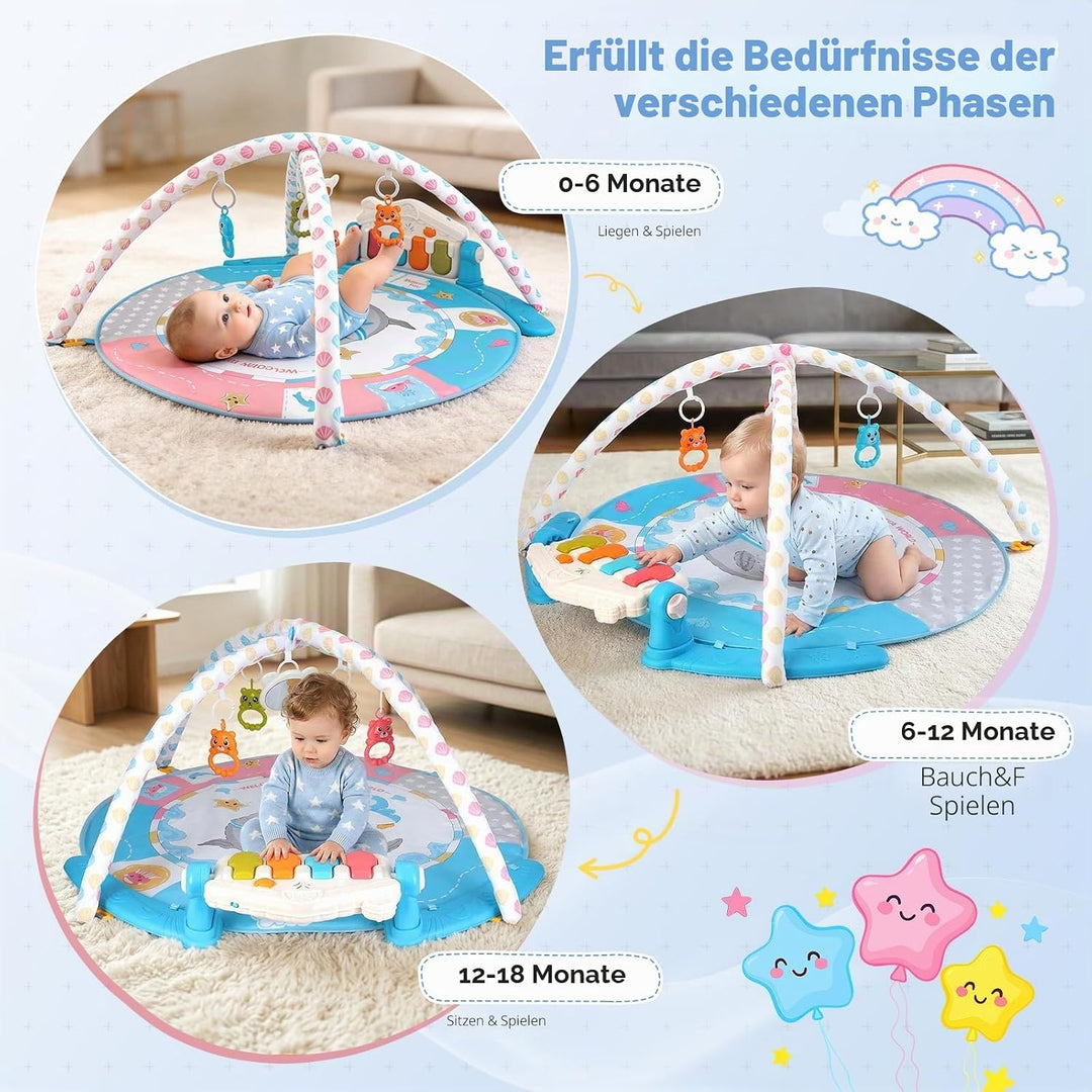Baby-Spielmatte, Baby-Spielbogen mit Rassel, Klavier und Spiegel, Boden-Spielmatte (100 cm Durchmess