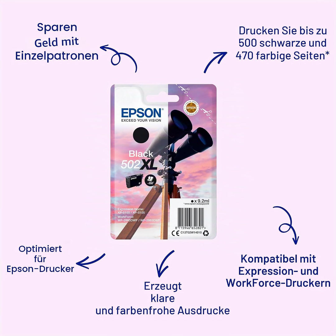Epson Original 502XL Tinte Fernglas Singlepack schwarz XL, XP-5100 XP-5105 XP-5150 XP-5155 WF-2860DW