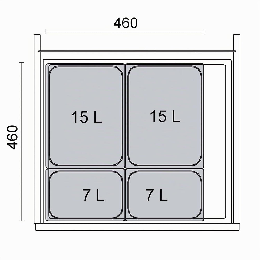 SOTECH Ninka Abfalltrennsystem eins2vier KB 600 mm, Seitenstärke 16 mm Höhe 250 mm 2x 7L, 2x 15L, 1x