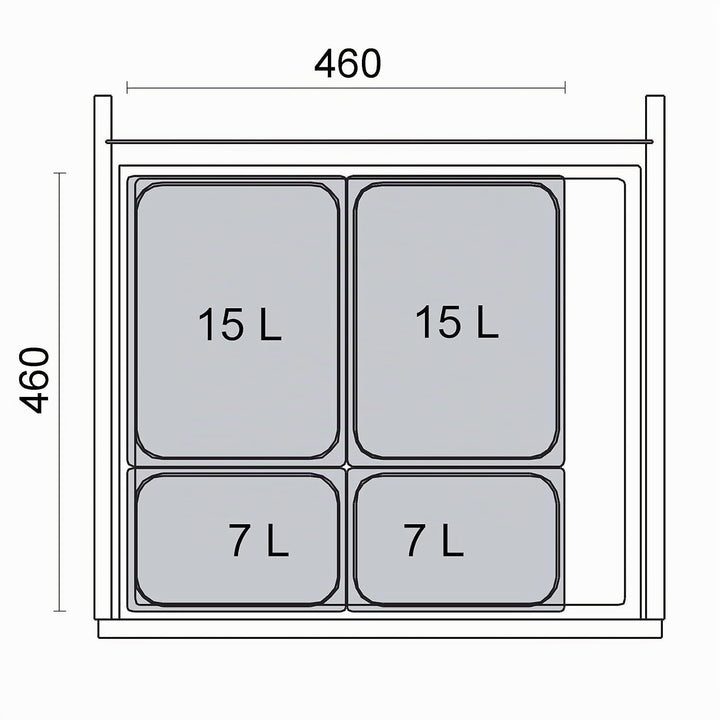 SOTECH Ninka Abfalltrennsystem eins2vier KB 600 mm, Seitenstärke 16 mm Höhe 250 mm 2x 7L, 2x 15L, 1x