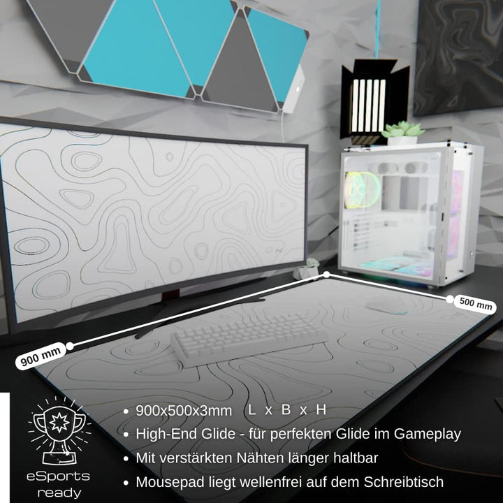 NYFTER - XXL Gaming Mauspad weiss im Topography design 900 x 500mm Premium Mousepad Size Gross vernä