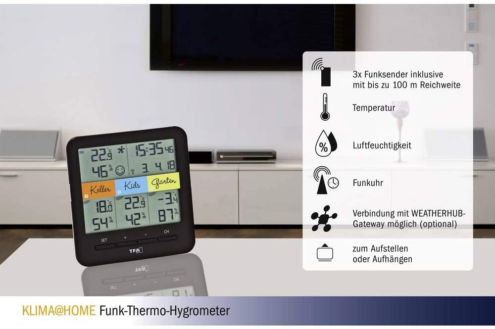 TFA Dostmann Klima Home Hygro-Station 30.3060.01 Funk-Thermo-Hygrometer mit 3 Sendern, Kunststoff, S