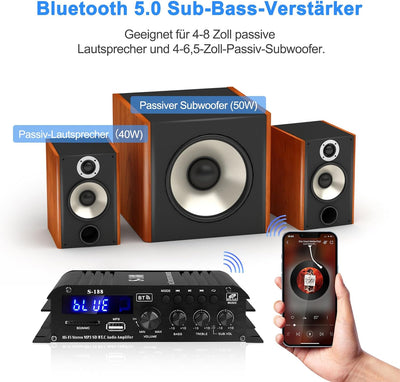 HiFi Verstärker S-188 2.1-Kanal Bluetooth 5.0 Mini Audio Verstärker RMS 40Wx2+50W Max.600W Leistung