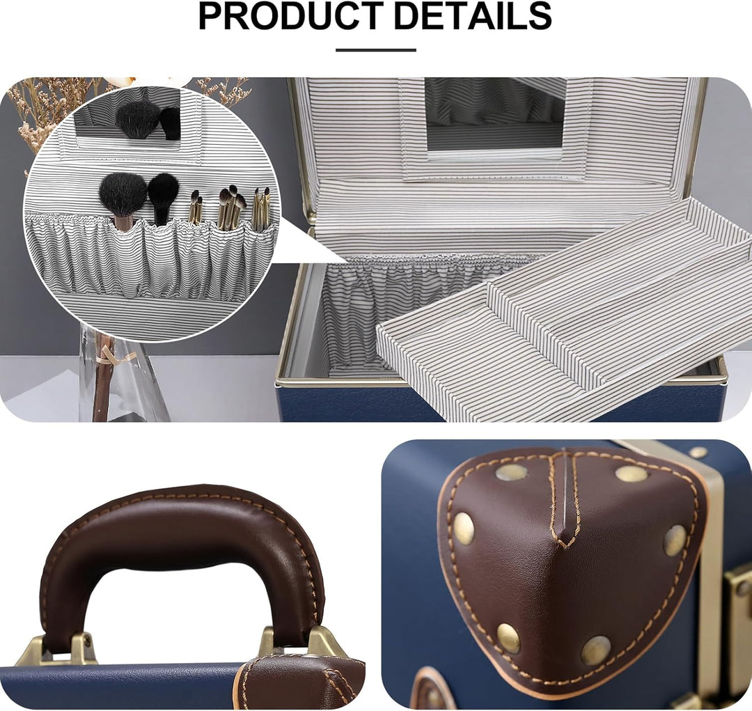 urecity Vintage Leder Kosmetikkoffer mit Spiegel - Hartschale Schminkkoffer für Damen, Reise Make-up