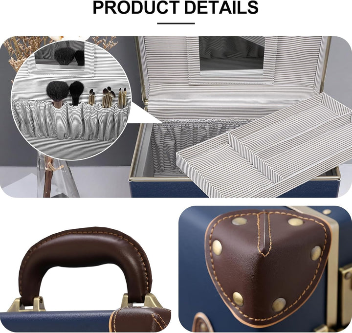 urecity Vintage Leder Kosmetikkoffer mit Spiegel - Hartschale Schminkkoffer für Damen, Reise Make-up