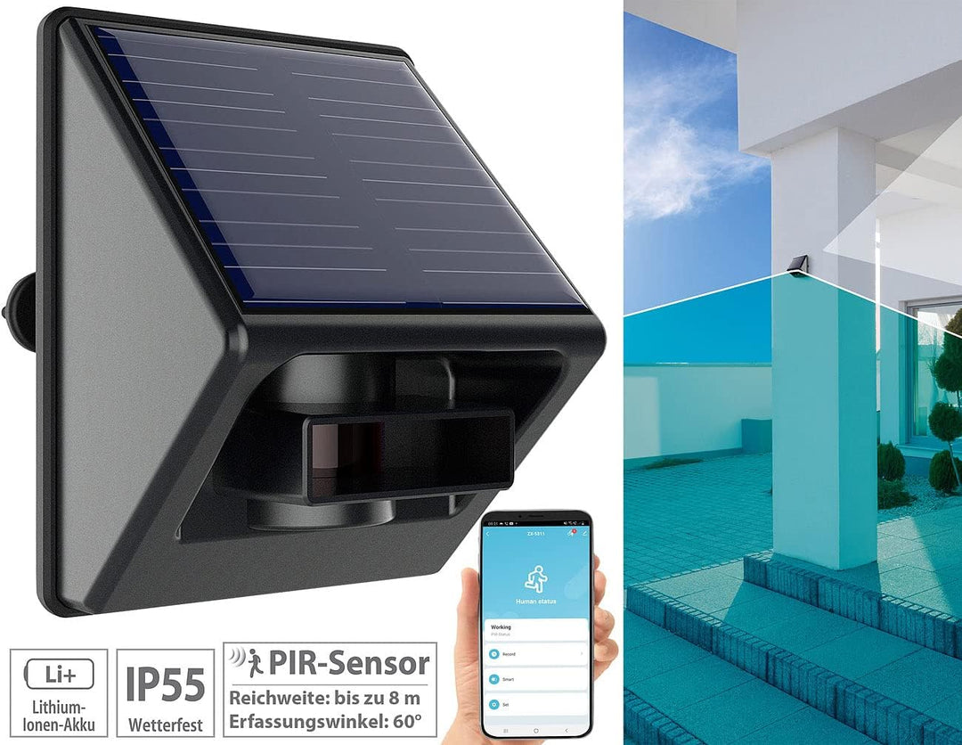 Luminea Home Control Bewegungs-Melder: ZigBee-kompatibler Outdoor-PIR-Sensor mit Solarpanel, App, IP