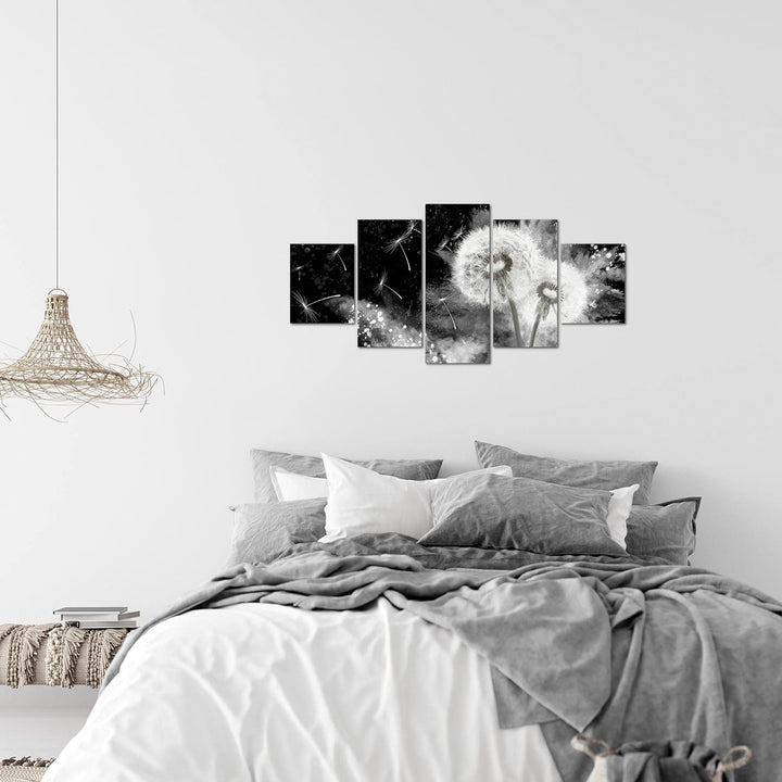 Runa Art Wandbilder Blumen Pusteblume 5 Teilig Bild auf Vlies Leinwand Deko Wohnzimmer Abstrakt Schw
