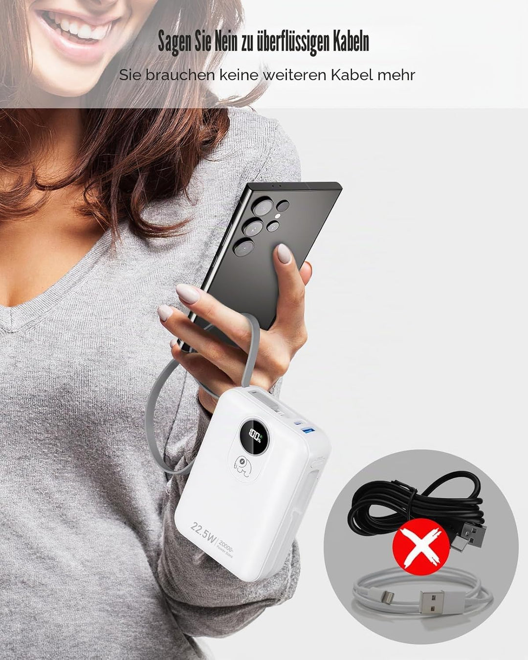 20.000 mAh Powerbank mit integrierten Kabeln: Externer Akku mit 22,5 W Schnellladung für Handy, USB