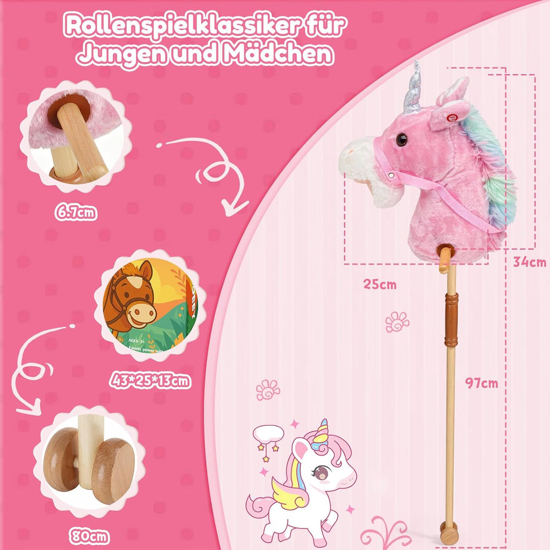 IEEILULU Hobby Horse, Steckenpferd Kinder Rosa, Holzpferd für Draussen mit Hobby Horse Trense, Räder