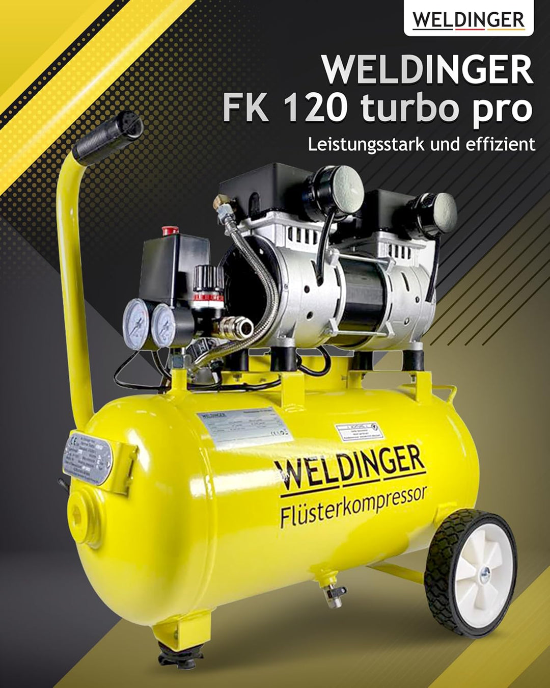 WELDINGER Flüsterkompressor FK 120 turbo pro 1500 W Luftabgabe 150 l/min ölfrei innenbeschichteter T