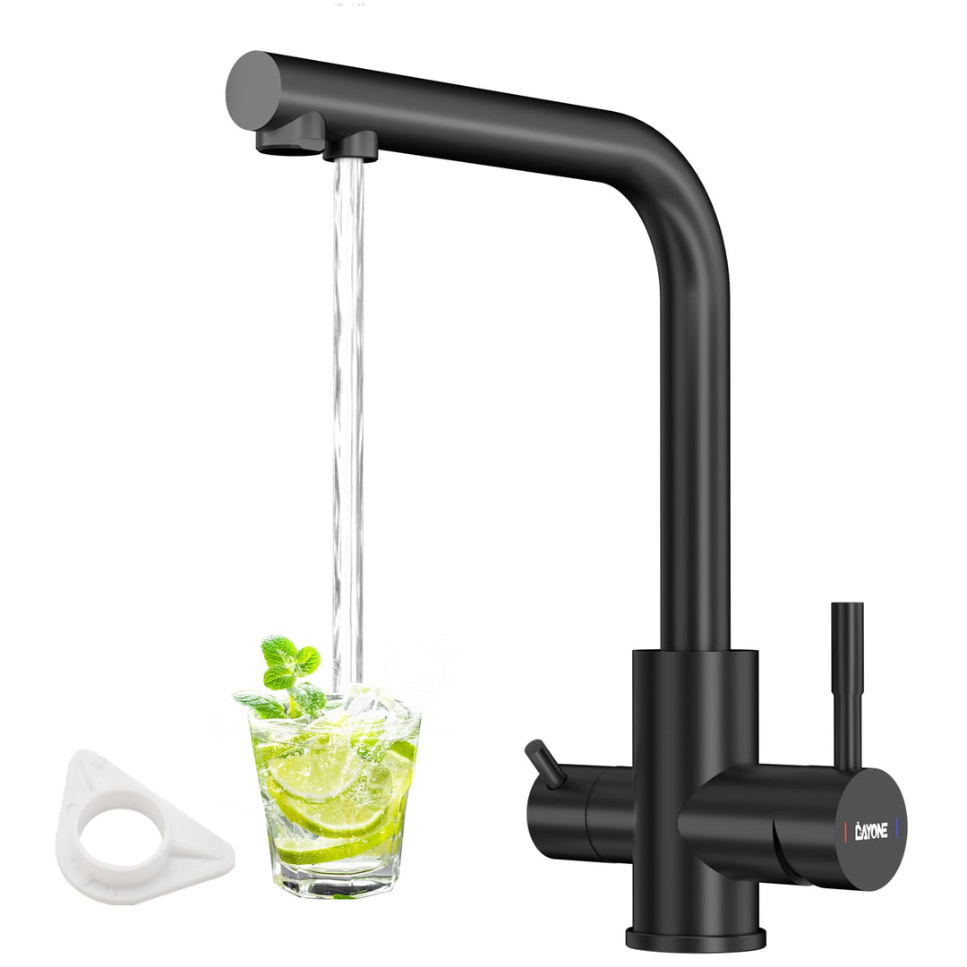 DAYONE Schwarz 3 Wege Wasserhahn mit Filter, SUS304 Edelstahl Trinkwasserhahn, 360 Drehbarer Wasserh