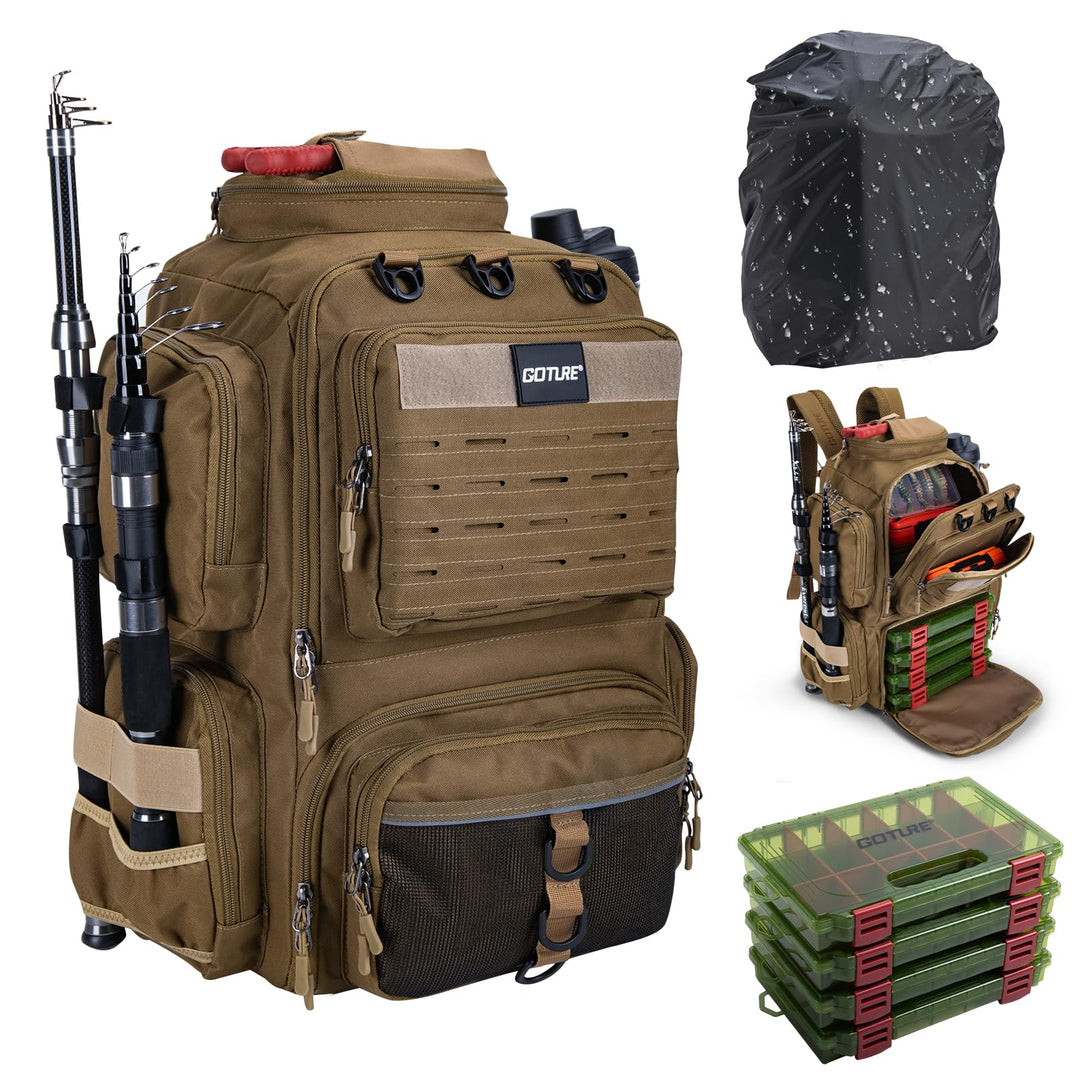 Goture Angelrucksack mit 4 Köderbox Angeln, 45-Liter Angelzubehör-Rucksack mit Zwei Rutenhaltern und