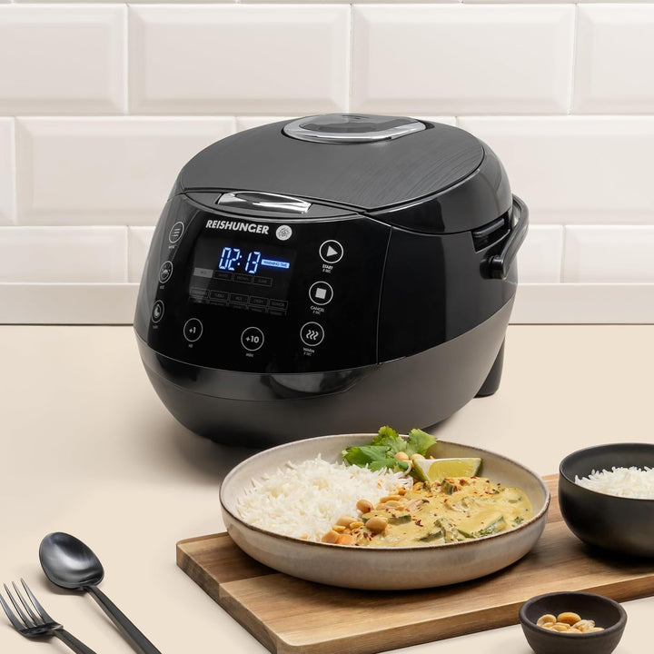 Reishunger Digitaler Reiskocher & Dampfgarer Schwarz + Gratis Kochbuch – Warmhaltefunktion, Timer &