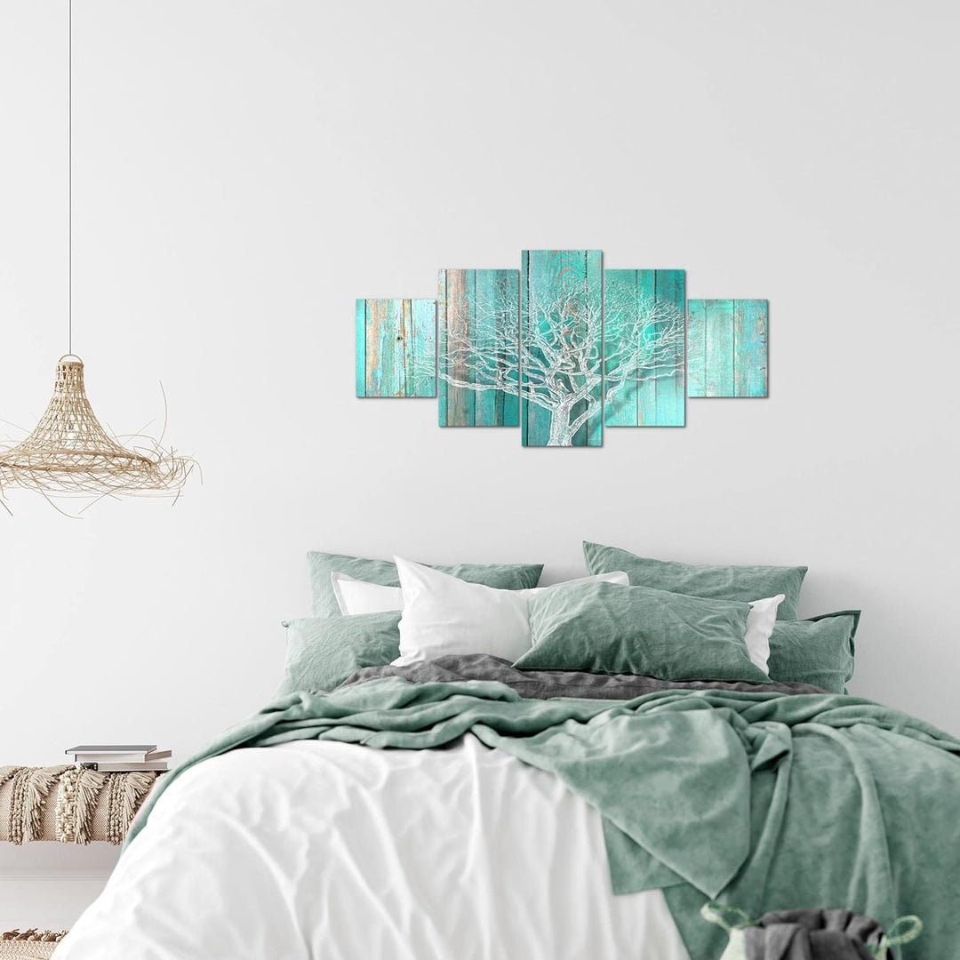 Runa Art Wandbilder Baum Abstrakt 5 Teilig Bild auf Vlies Leinwand Deko Wohnzimmer Holzmotiv Türkis
