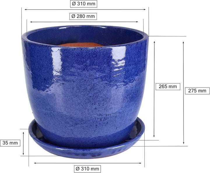 KOTARBAU® Garten Blumentopf ⌀ 31cm Keramik glasiert Kobalt mit Tropfschale, Kobalt