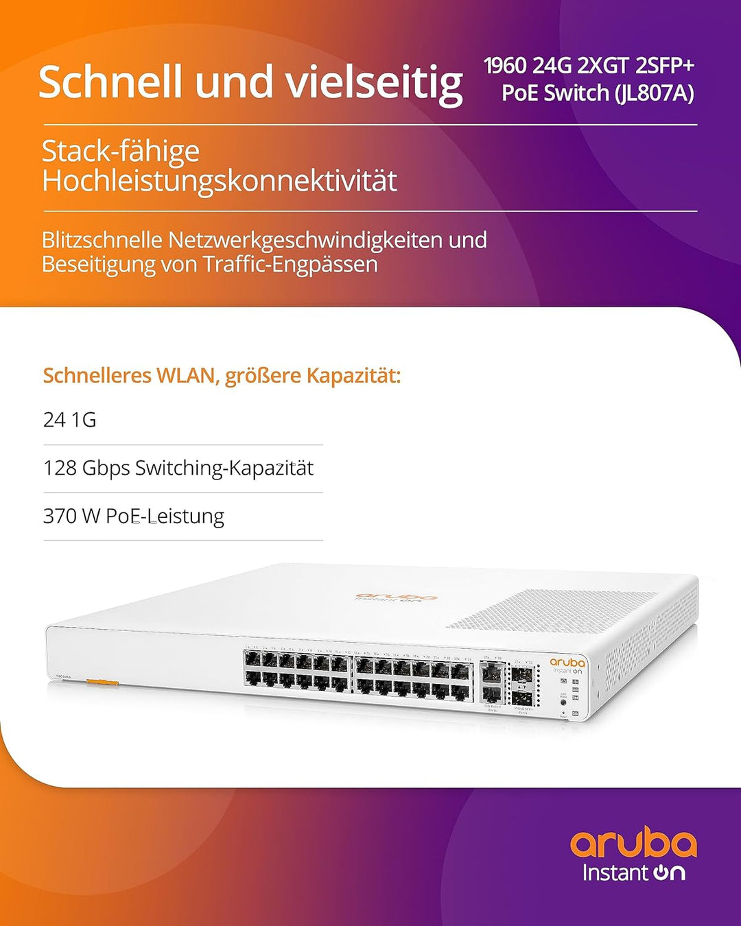HPE Aruba Instant On 1960 24G PoE 20p der Kl.4 4p der Kl.6 2XGT 2SFP+ Switch (240W PoE Kl.6 / 370W P