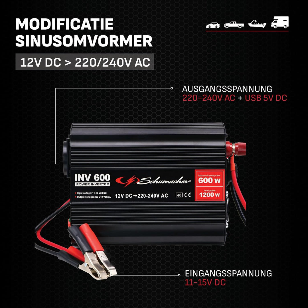 Schumacher INV 600 Spannungswandler Modifizierter Sinus-Wechselrichter 12V DC > 230V AC - Dauerleist