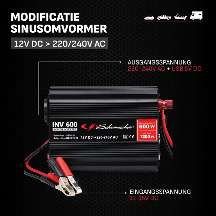 Schumacher INV 600 Spannungswandler Modifizierter Sinus-Wechselrichter 12V DC > 230V AC - Dauerleist