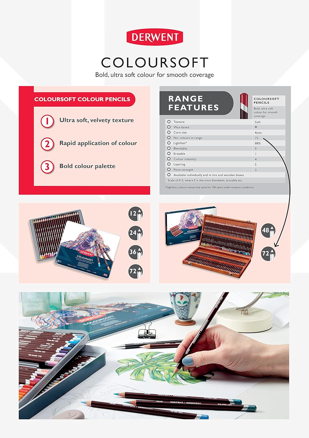 Derwent Coloursoft Buntstifte, Zeichnen & Schreiben, 48er-Set in einer Geschenk-Box aus Holz, Ideal
