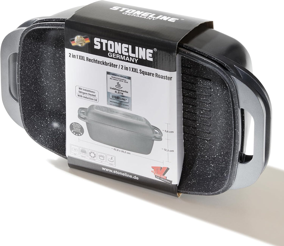 STONELINE Bräter Induktion 43 x 26 cm, 7,8 L, Bräter mit Deckel backofengeeignet, Deckel als Auflauf